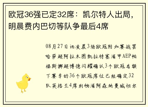 欧冠36强已定32席：凯尔特人出局，明晨费内巴切等队争最后4席