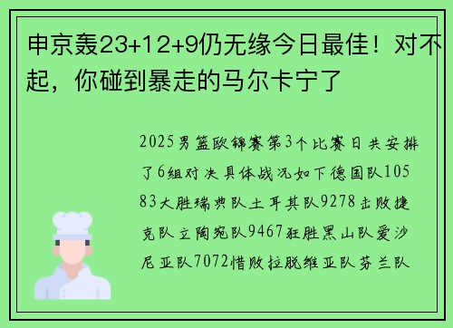 申京轰23+12+9仍无缘今日最佳！对不起，你碰到暴走的马尔卡宁了